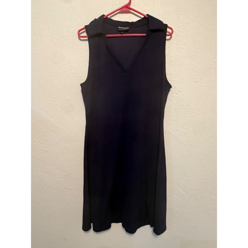 Allison Brittney Navy Blue Ribbed Sleeveless V-Neck Collared A-Line Dress Large